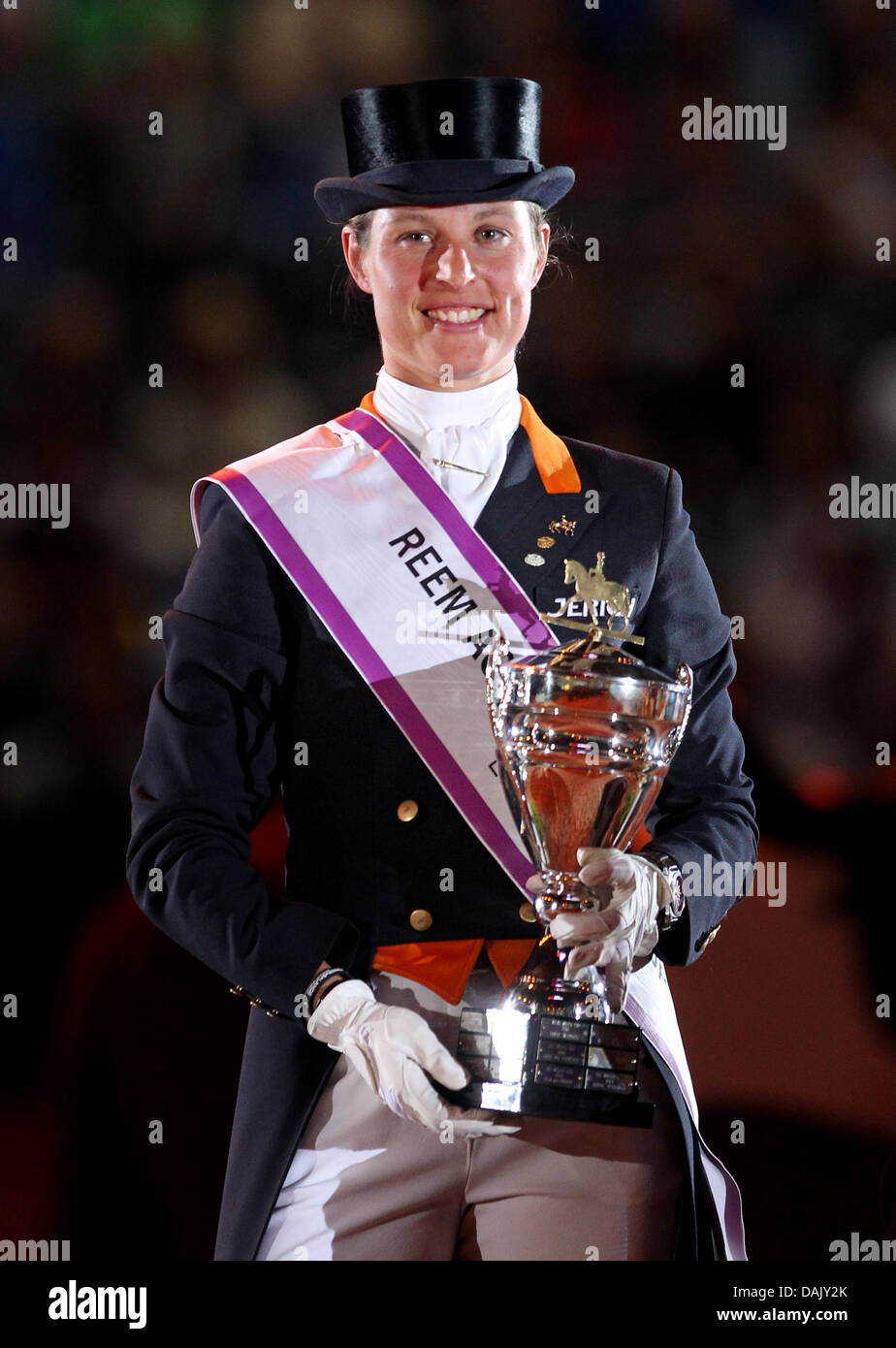 Dutch rider Adelinde Cornelissen celebrates her victory during the Reem Acra FEI Dressage World Cup Finale at the Neue Messe fairgrounds in Leipzig, Germany, 20 April 2011. Photo: Jan Woitas Stock Photo
