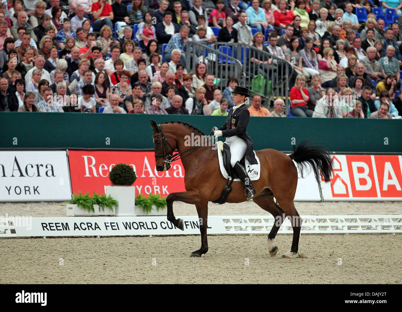 German rider Isabell Werth performs on Satchmo 78 during the Reem Acra FEI Dressage World Cup Finale at the Neue Messe fairgrounds in Leipzig, Germany, 20 April 2011. Photo: Jan Woitas Stock Photo