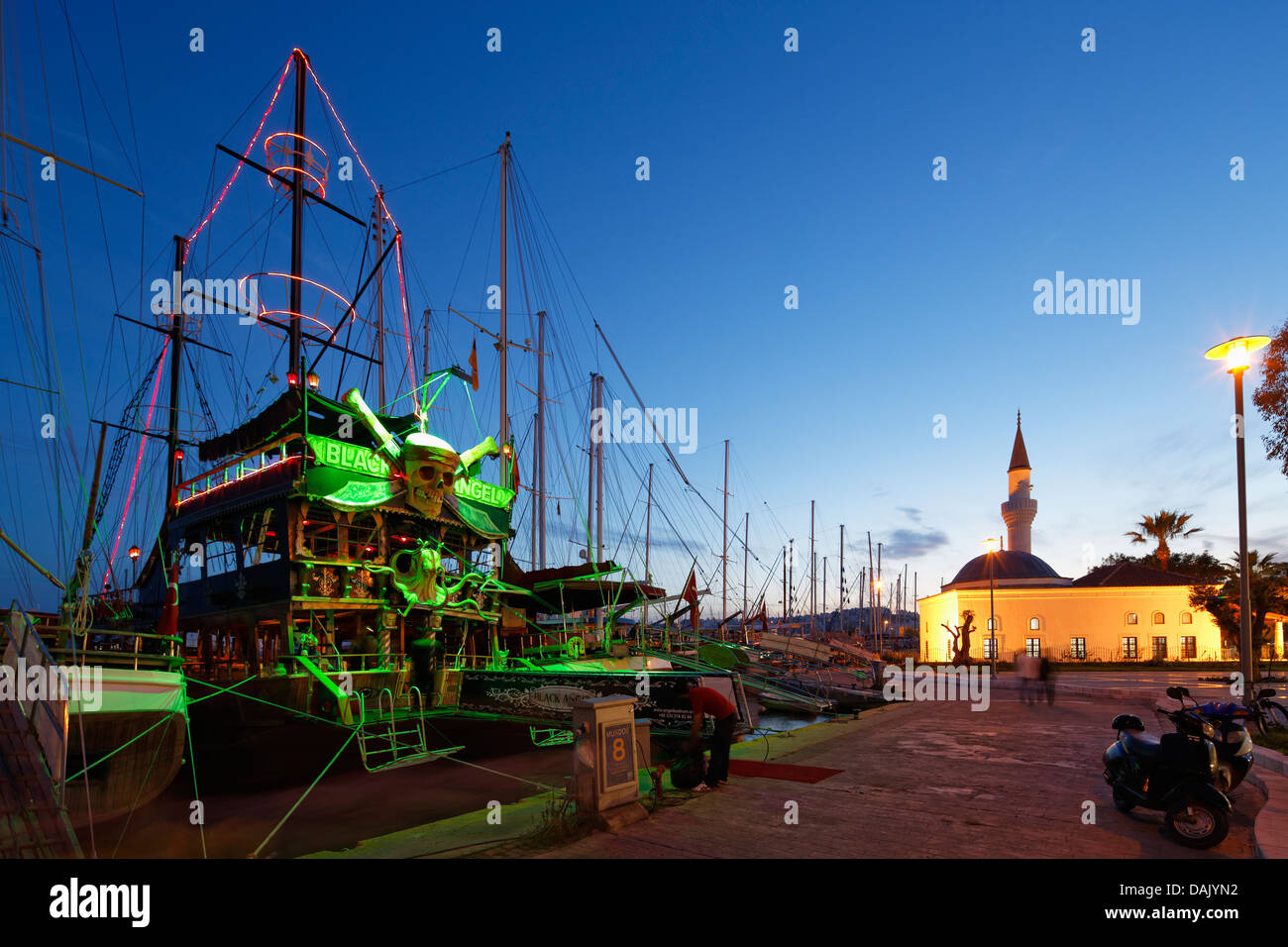 Excursion boats in the harbour and Tepecik Mosque Stock Photo