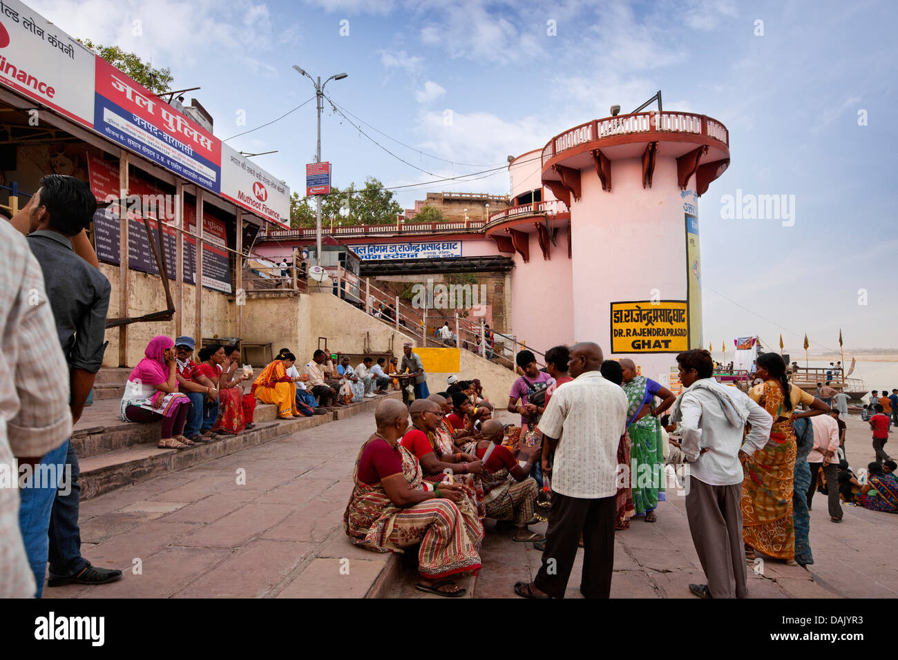 Tourists at a ghat, Dr. Rajendra Prasad Ghat, Varanasi, Uttar Pradesh, India Stock Photo