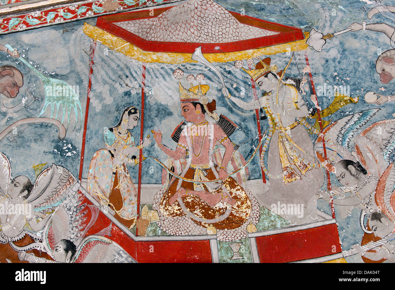Man under a baldachin, mural or fresco painted with natural colours, Badal Mahal or Cloud Palace, Bundikalam school of painting Stock Photo