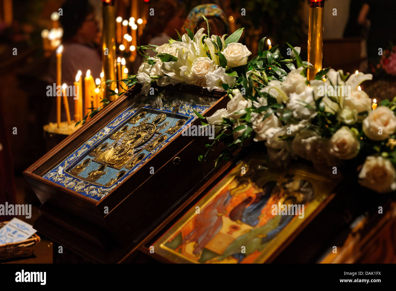 The miraculous Kursk-Root Icon of Mother of the God during a church service Stock Photo