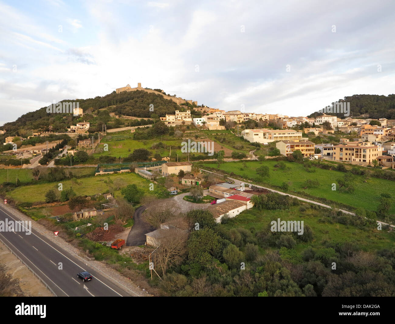 aerial view of a little town in the East of Mallorca with castle ruin, Spain, Balearen, Majorca Stock Photo