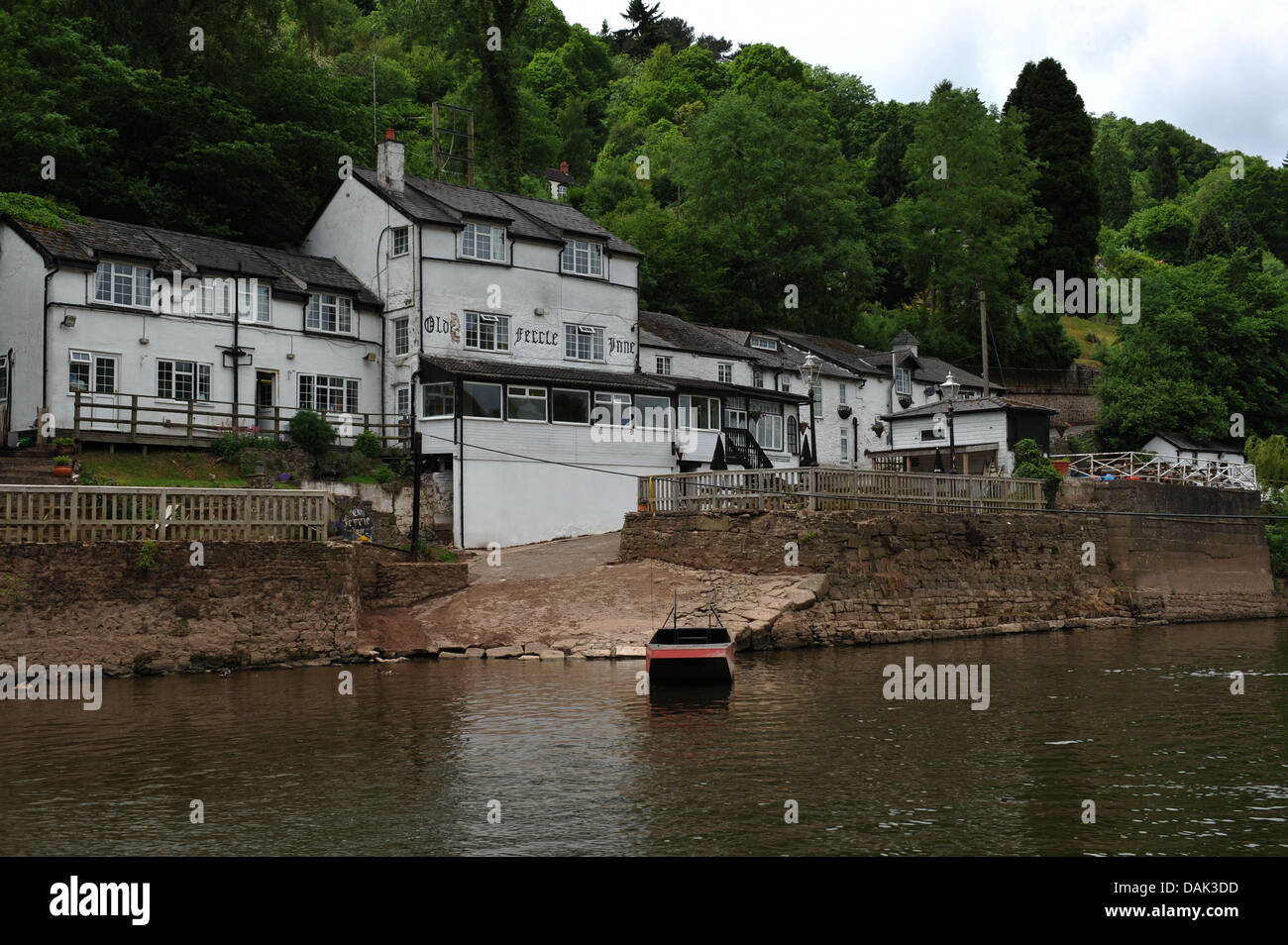 The Old Ferry Inn at Symonds Yat with river Wye and boat in the