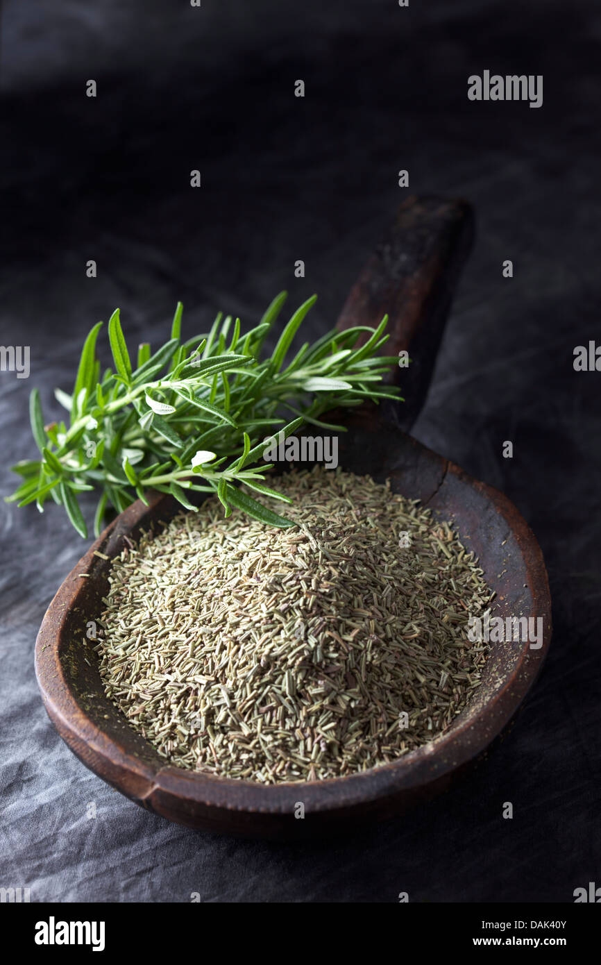 Grained rosemary in wooden spoon with rosemary herb, close up Stock Photo