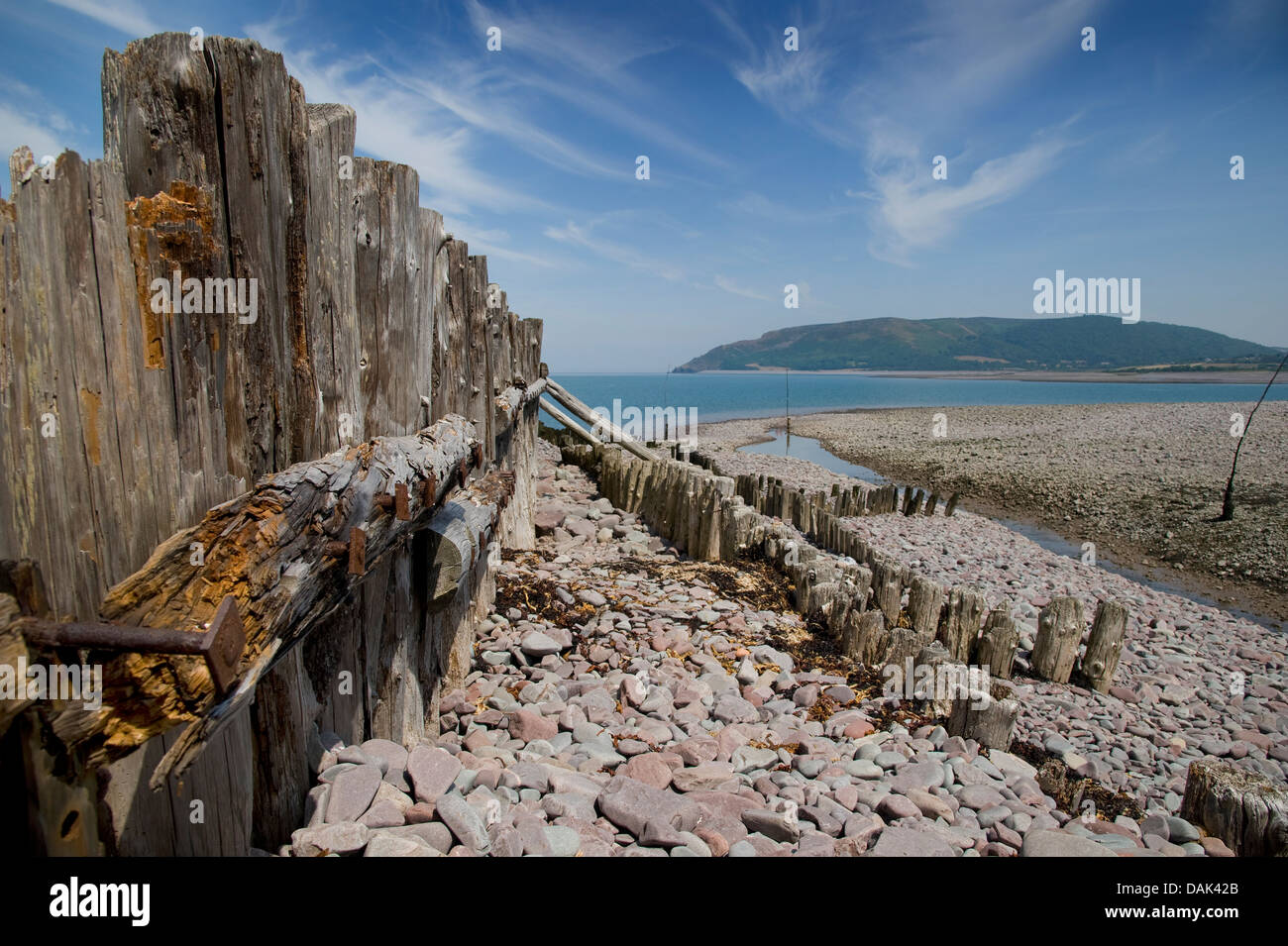 A section of weathered wood on Porlock beach, Somerset, England. Stock Photo