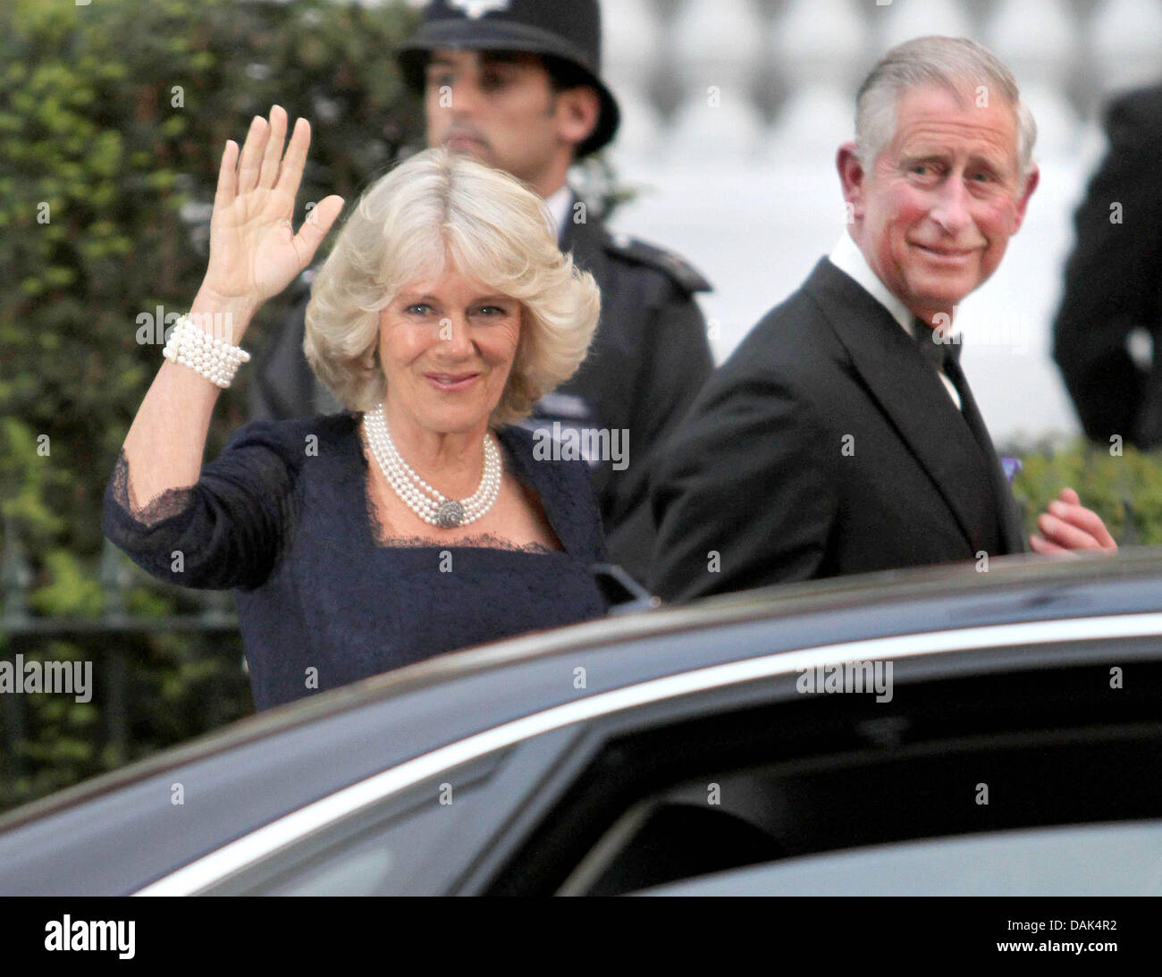 Camilla Duchess of Cornwall and Prince Charles arrive for a pre-wedding dinner held at the Mandarin Oriental Hyde Park in London, Britain, 28 April 2011, on the eve of the Royal Wedding of Prince William and Kate Middleton. Photo: Albert Nieboer Stock Photo