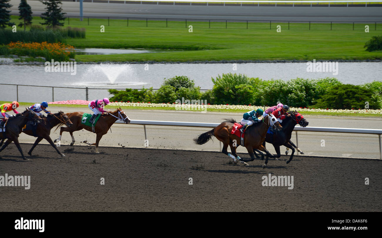 Three horses in the lead in Clarendon Stakes race 3 at the Queens Plate at Woodbine Racetrack Stock Photo