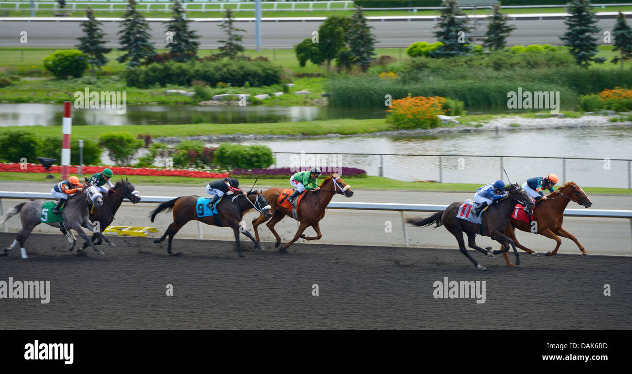 Csonka leading Regal Warning in race 4 of the Queens Plate at Woodbine Racetrack Stock Photo
