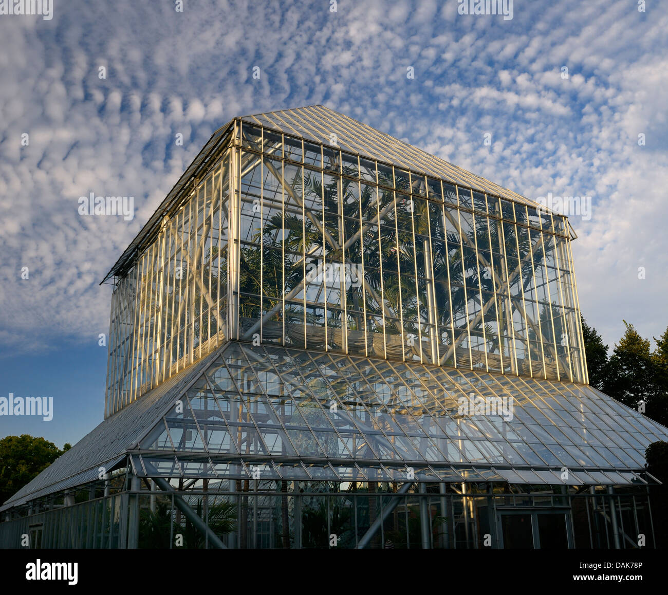 Greenhouse in the Minneapolis Sculpture Garden at sundown with altocumulus clouds Minnesota USA Stock Photo