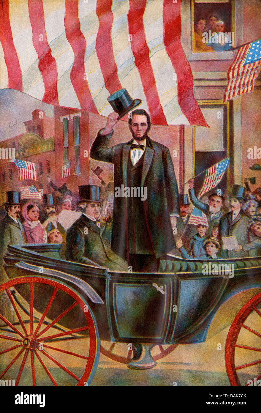 President Abraham Lincoln with ex-president James Buchanan in the inaugural parade, March 4, 1861. Color lithograph Stock Photo