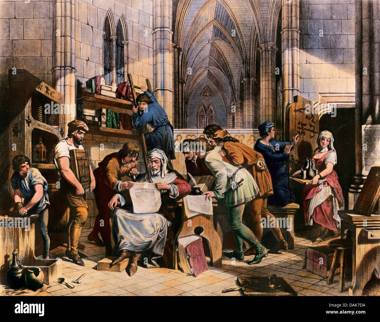 William Caxton examining his first proof sheet in Westminster Abbey, England, 1475. Color halftone reproduction of an illustration Stock Photo