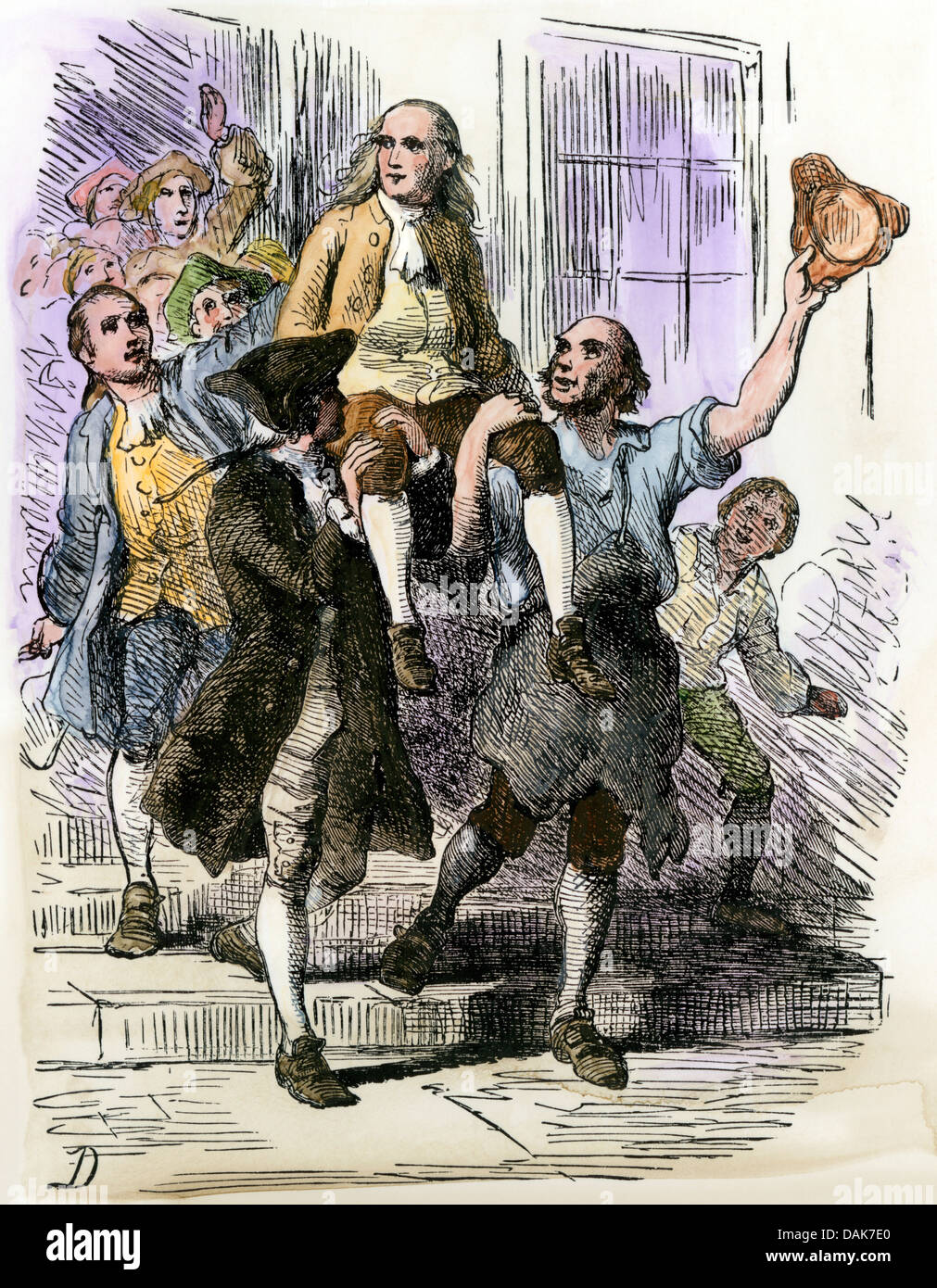 John Peter Zenger celebrating his acquittal after trial for libel, colonial New York City, 1735. Hand-colored woodcut of a Darley illustration Stock Photo