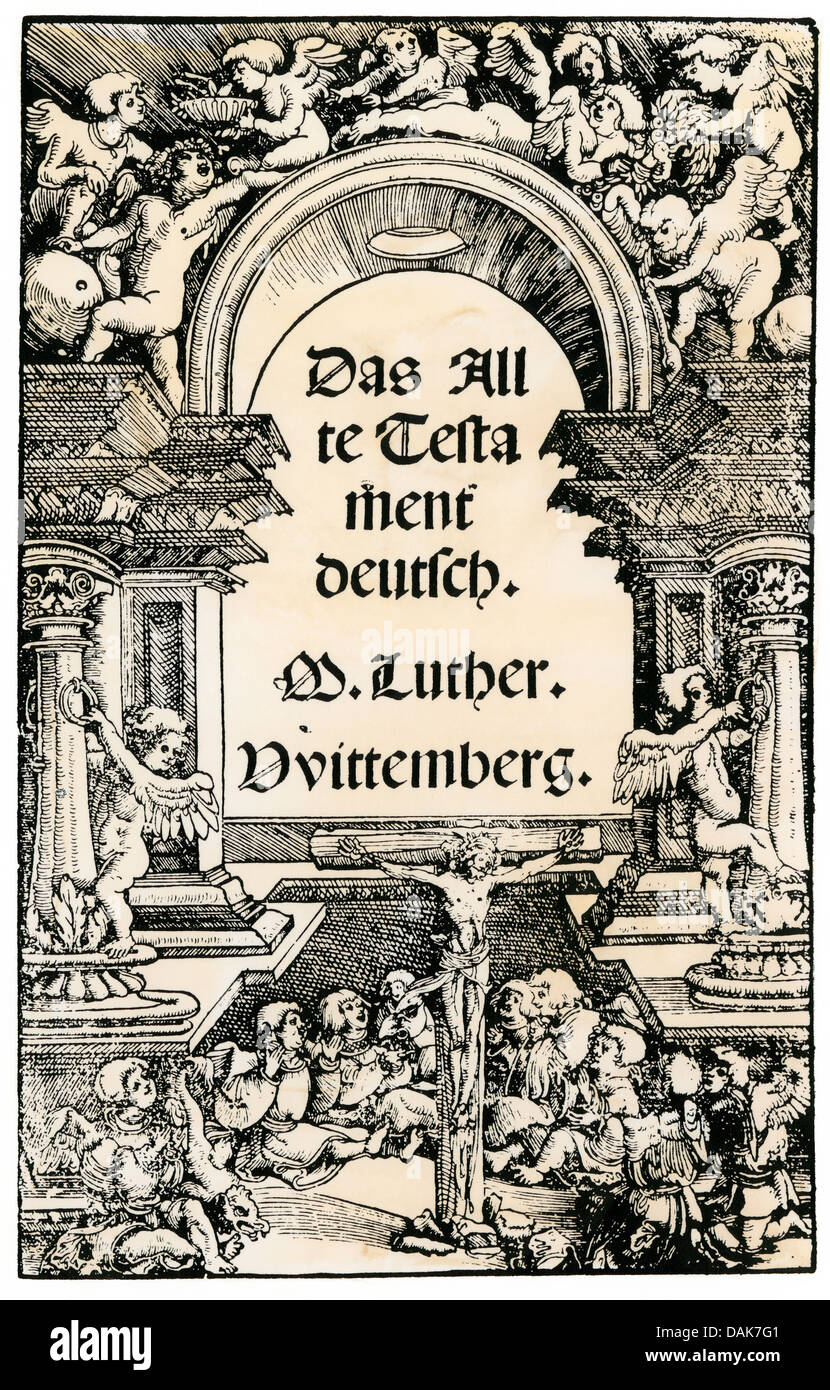 First edition title page of Martin Luther's translation of the Bible into German. Woodcut with a watercolor wash Stock Photo