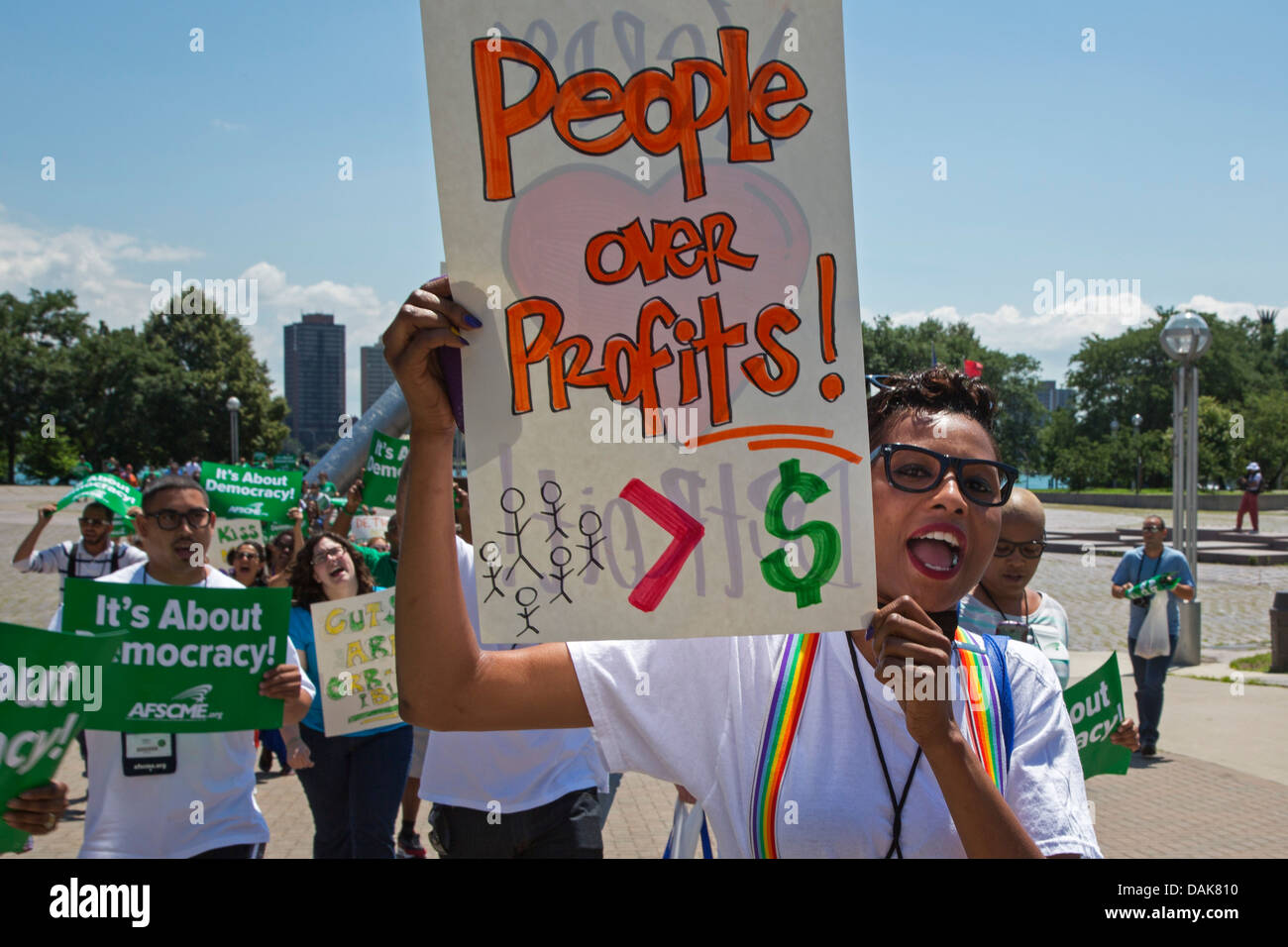 Public employees protest Michigan Governor Rick Snyder's appointment of an emergency manager to take control of Detroit. Stock Photo