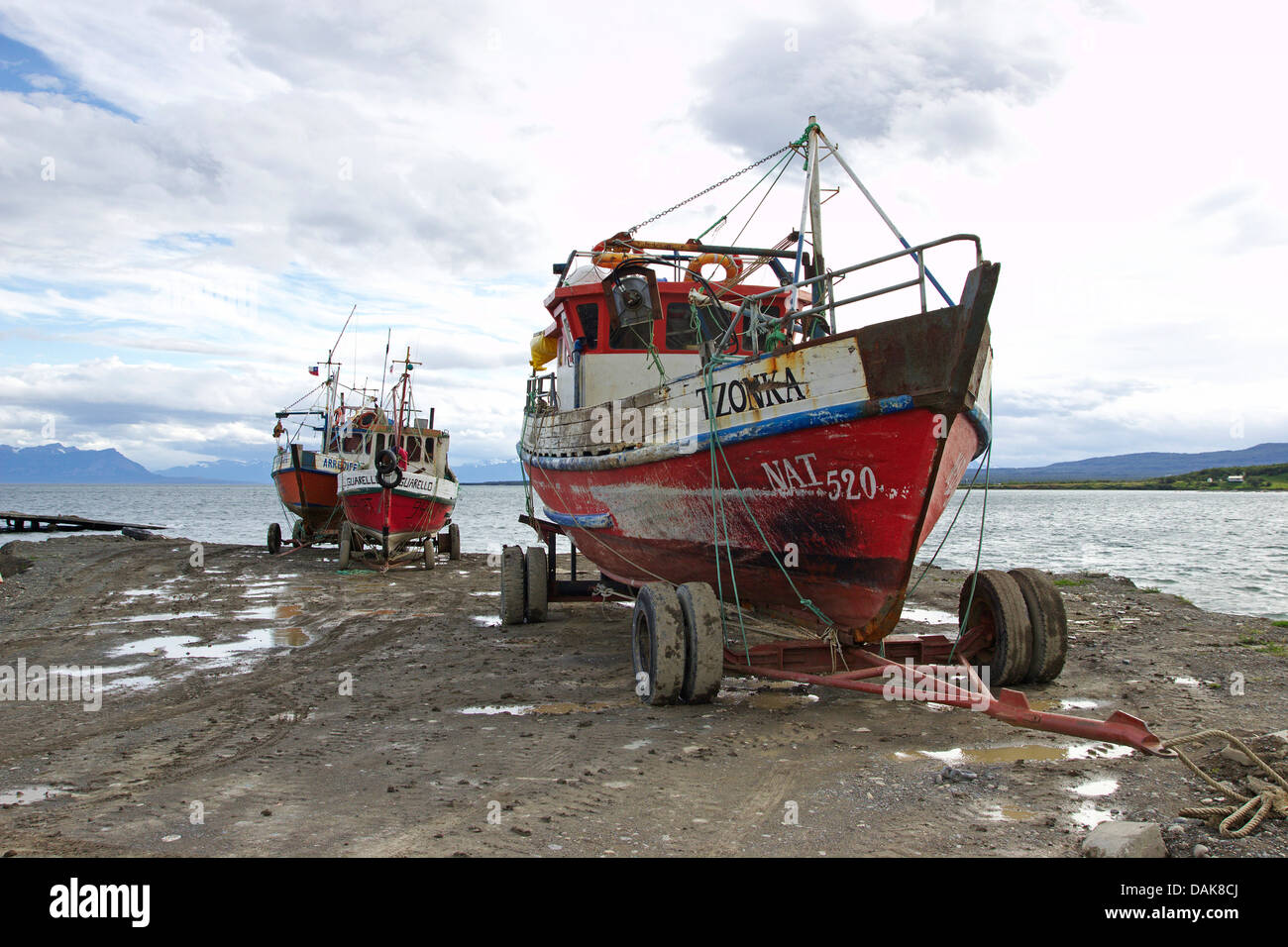 fishing boats at Puerto Natales, Chile, Patagonia Stock Photo