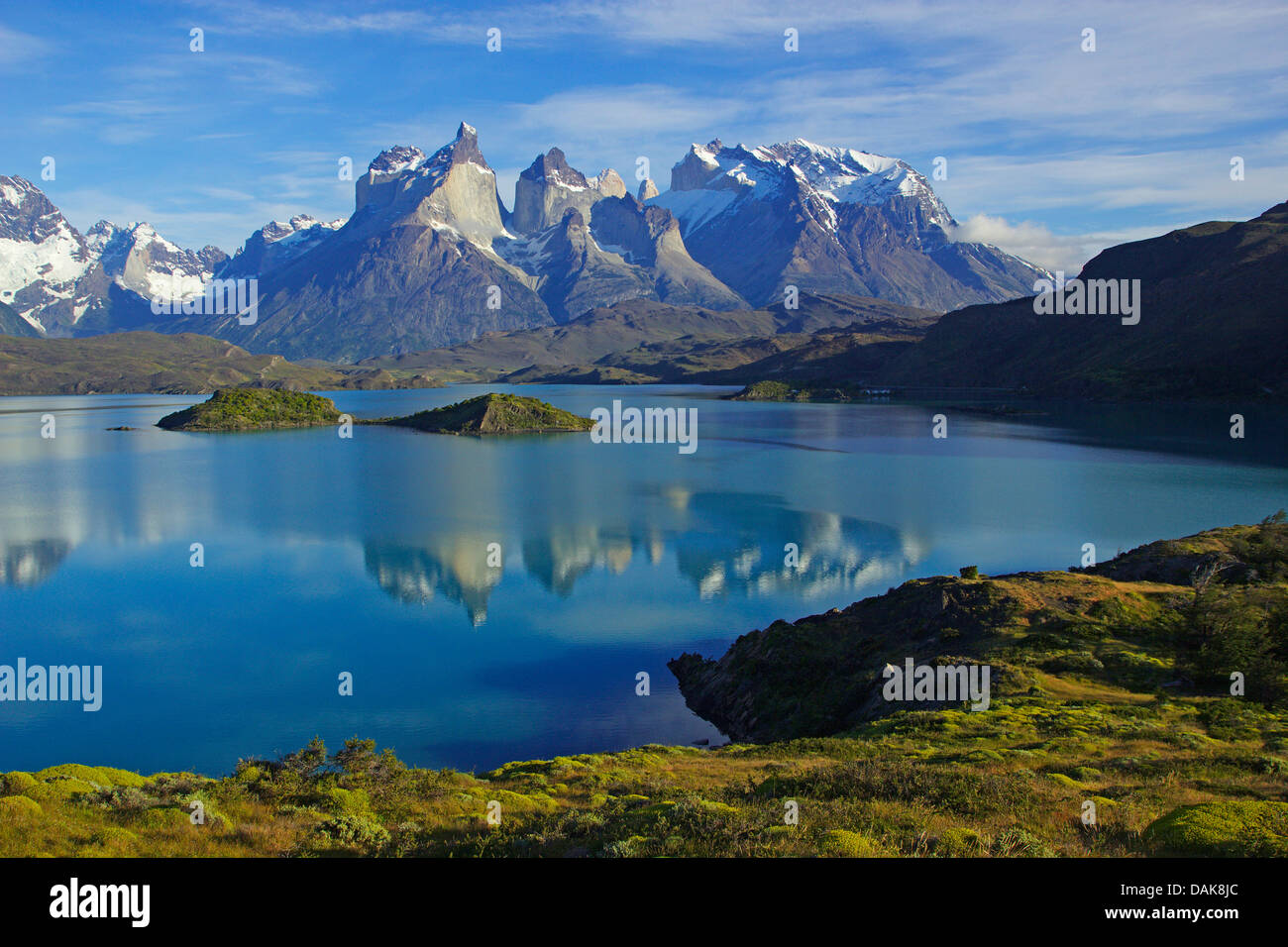 Cuernos del Paine and Lago Pehoe in the morning, Chile, Patagonia, Torres del Paine National Park Stock Photo