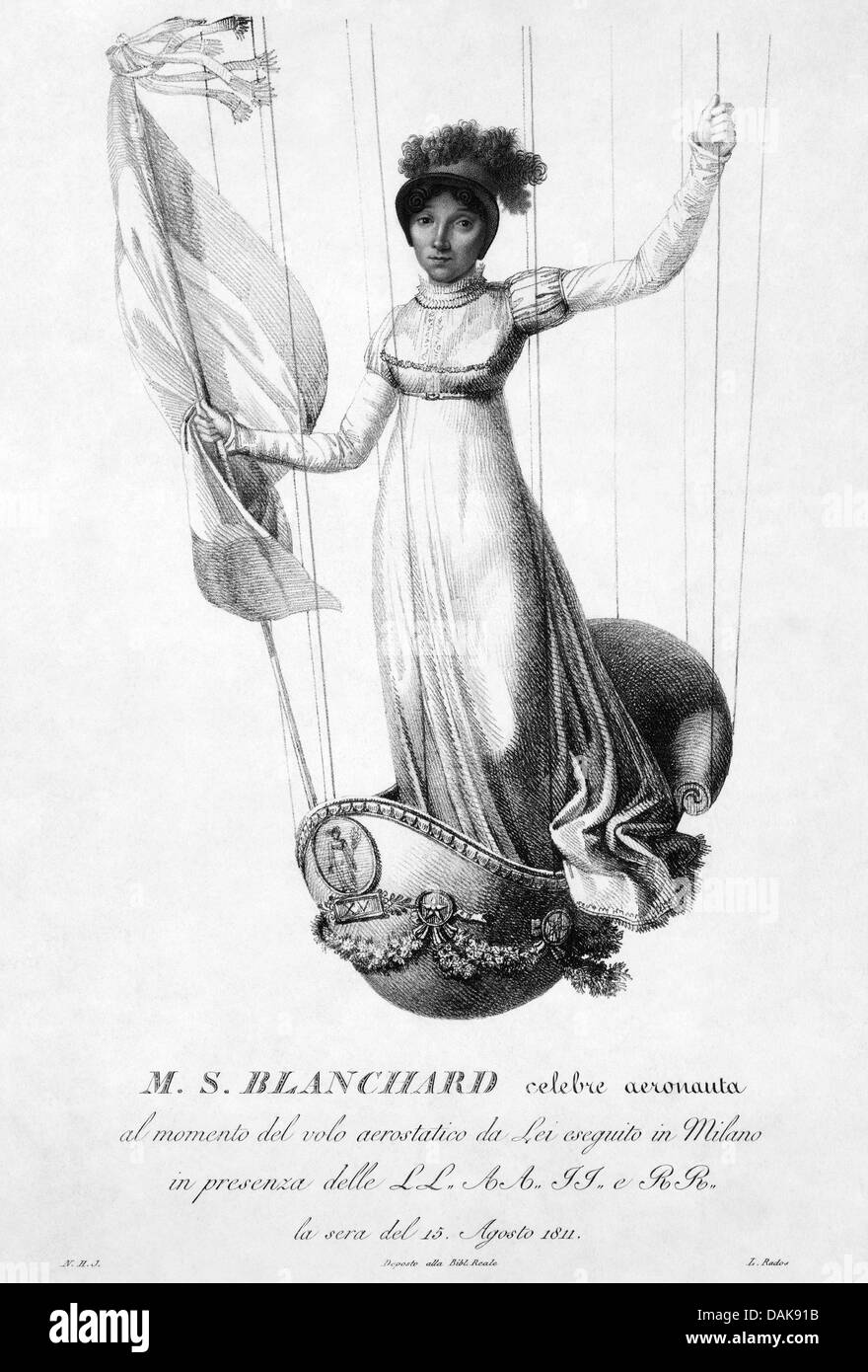 SOPHIE BLANCHARD (1778-1819) French aeronaut in  an engraving commemorating her ascent in Milan 15 August 1811 - see below Stock Photo