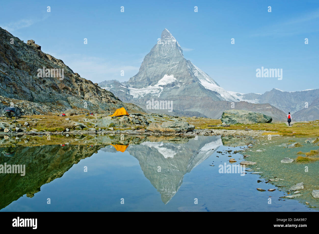 camping at Rifelsee lake near The Matterhorn (4478m), Zermatt, Swiss Alps, Switzerland, Europe Stock Photo