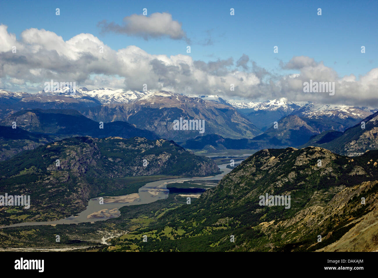 view from Morro Rojo to Rio Ibanez, Chile, Patagonia, Cerro Castillo Stock Photo