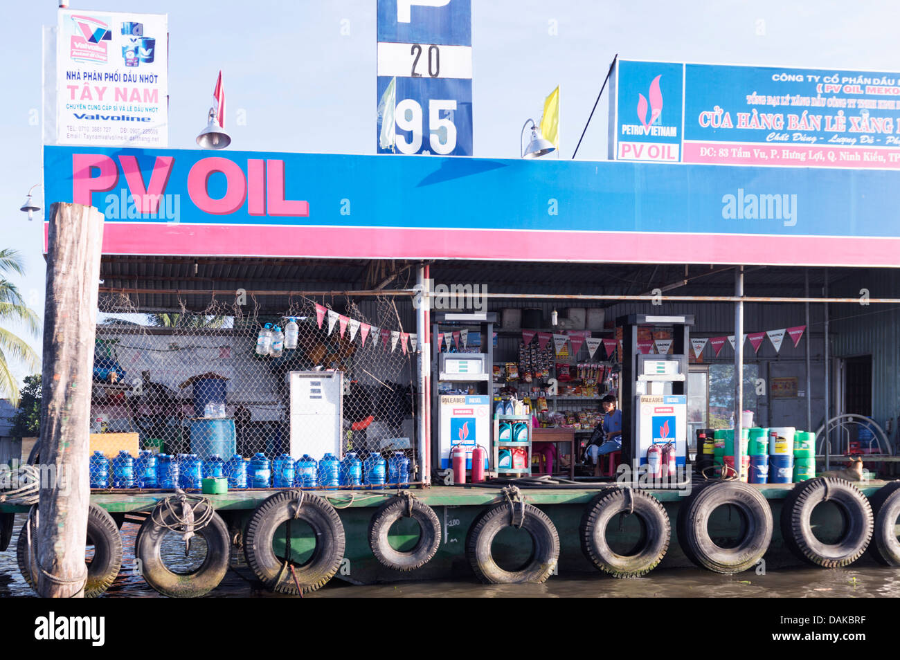 Can Tho, Vietnam floating fuel station on the Mekong Delta Stock