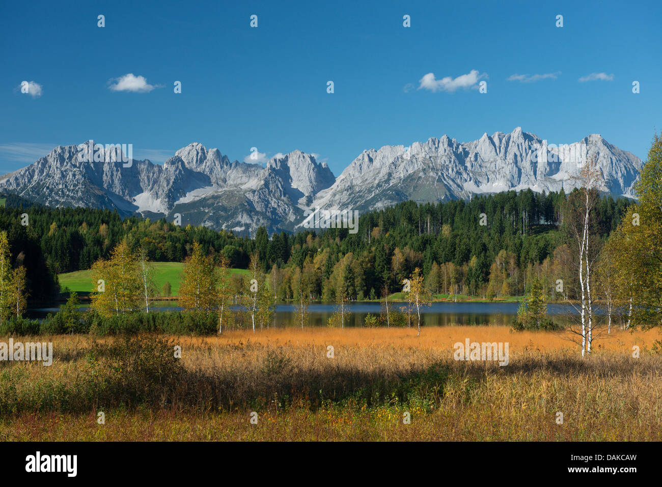 Wild Kaiser with Schwarzsee, Austria, Tyrol Stock Photo