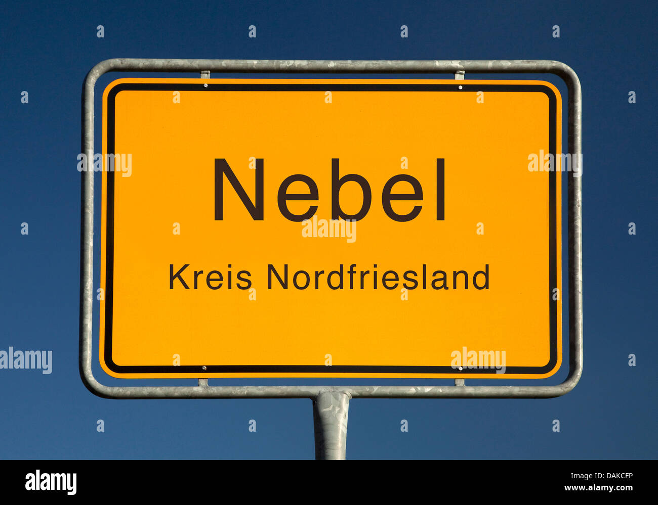 Nebel place name sign, Germany, Schleswig-Holstein, Kreis Nordfriesland, Nebel Stock Photo