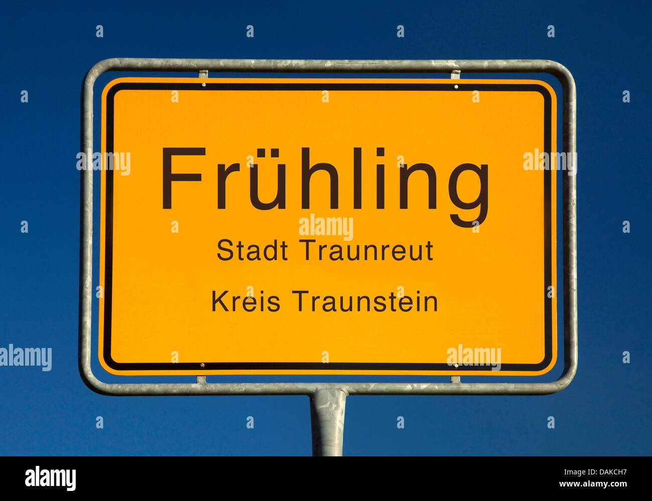 Fruehling place name sign, Germany, Bavaria, Kreis Traunstein, Fruehling Stock Photo