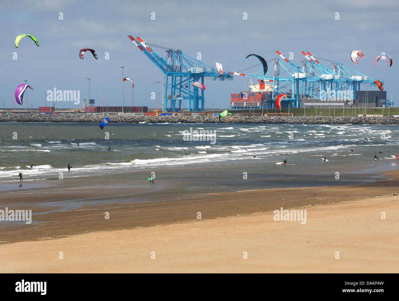 kitesurfers at the beach of Blankenberge with the harbour of Zeebrugge in the background, Belgium, West Flanders, Zeebrugge Stock Photo