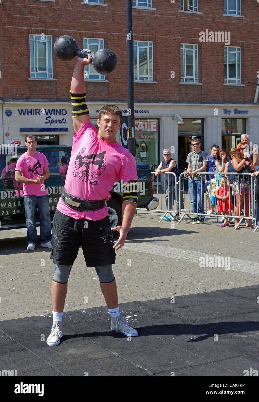 A competitor in the ' Kernow strongman ' contest in Truro, Cornwall, UK Stock Photo