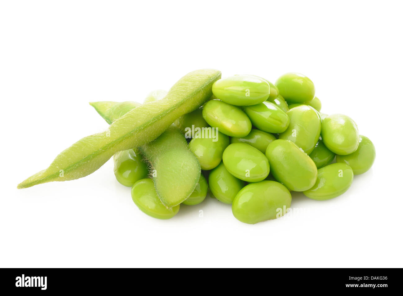boiled green soy beans, japanese beans on white background Stock Photo