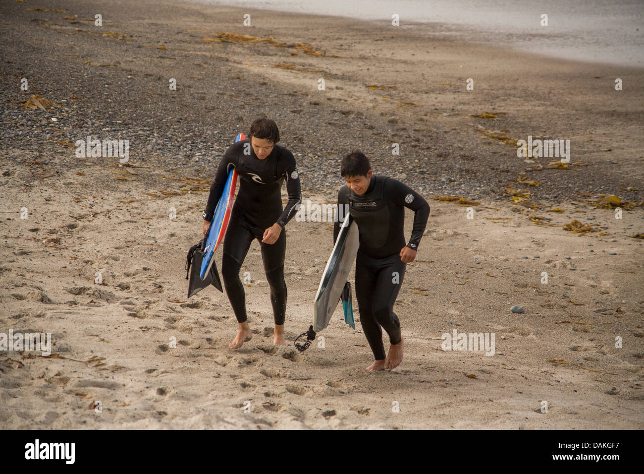 Wearing wetsuits and carrying surfboards, two teenage boy members of