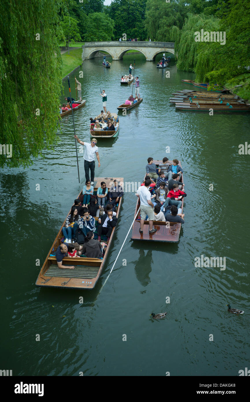 Punts and Punting on the river Cam, Cambridge, July 2013, England, Students and tourist enjoying punting on The Backs,Cambridge. Stock Photo