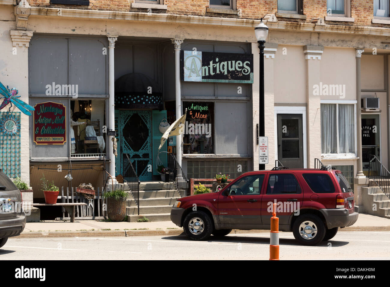 Storefront of an Antique Mall in downtown Montague, Michigan, USA Stock