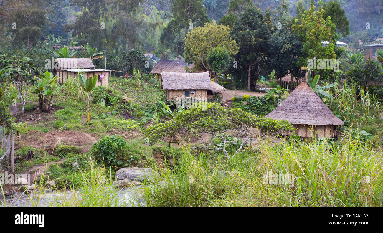 Traditional village homes by a river in the Papua New Guinea Highlands Stock Photo Alamy