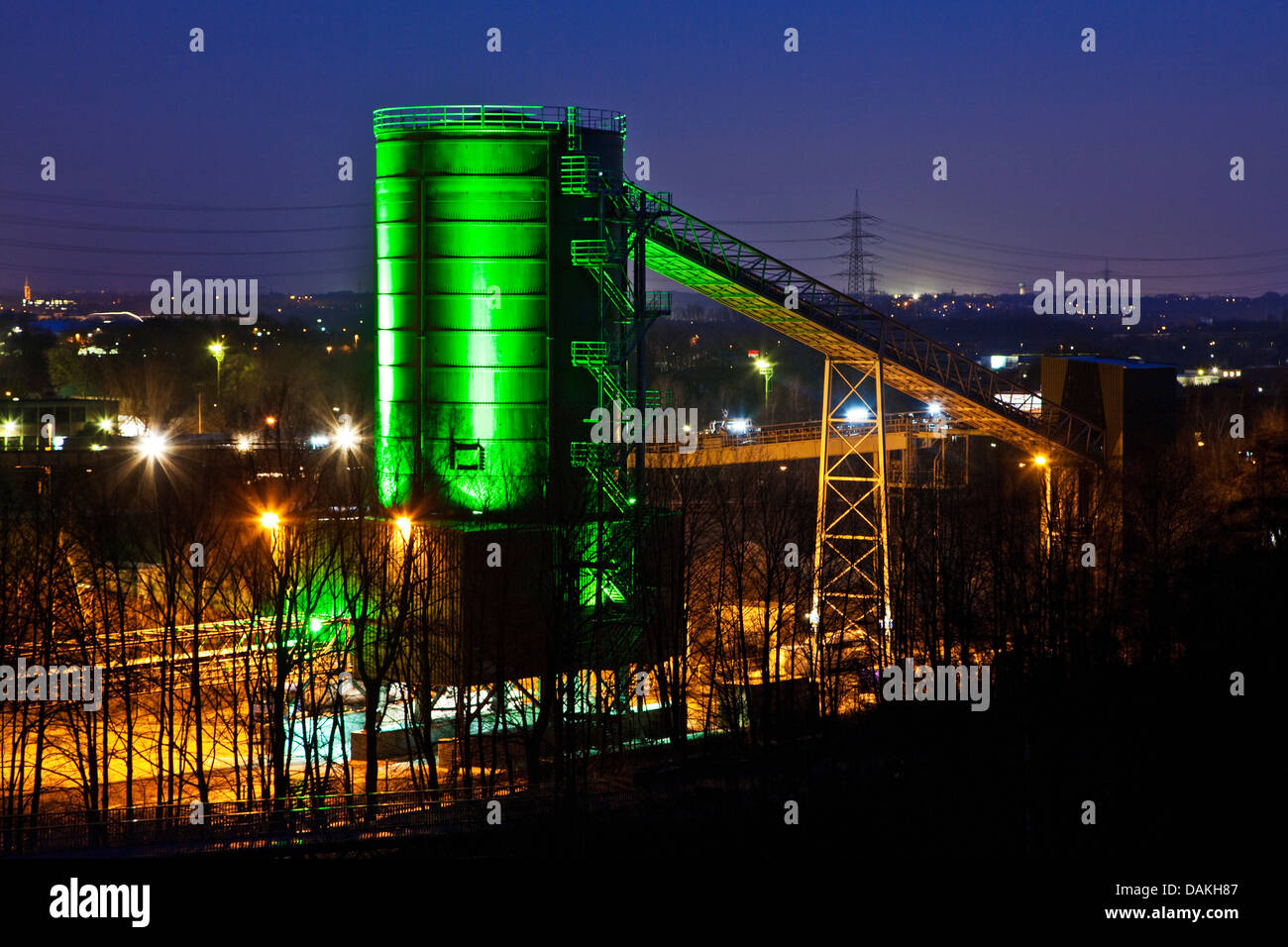 illuminated industrial plant of stockpile Prosper and Prosper II, Germany, North Rhine-Westphalia, Ruhr Area, Bottrop Stock Photo