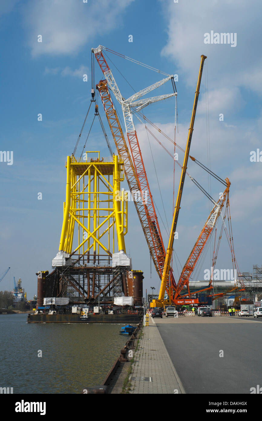 shipping of substation for offshore wind farms in harbour , Germany, Bremerhaven Stock Photo