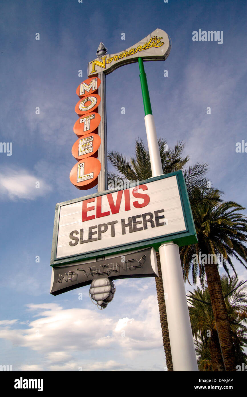 The sign of the long-defunct Normandie Motel in Las Vegas, NV, is preserved  by the city's Neon Museum along with Elvis's name. Stock Photo
