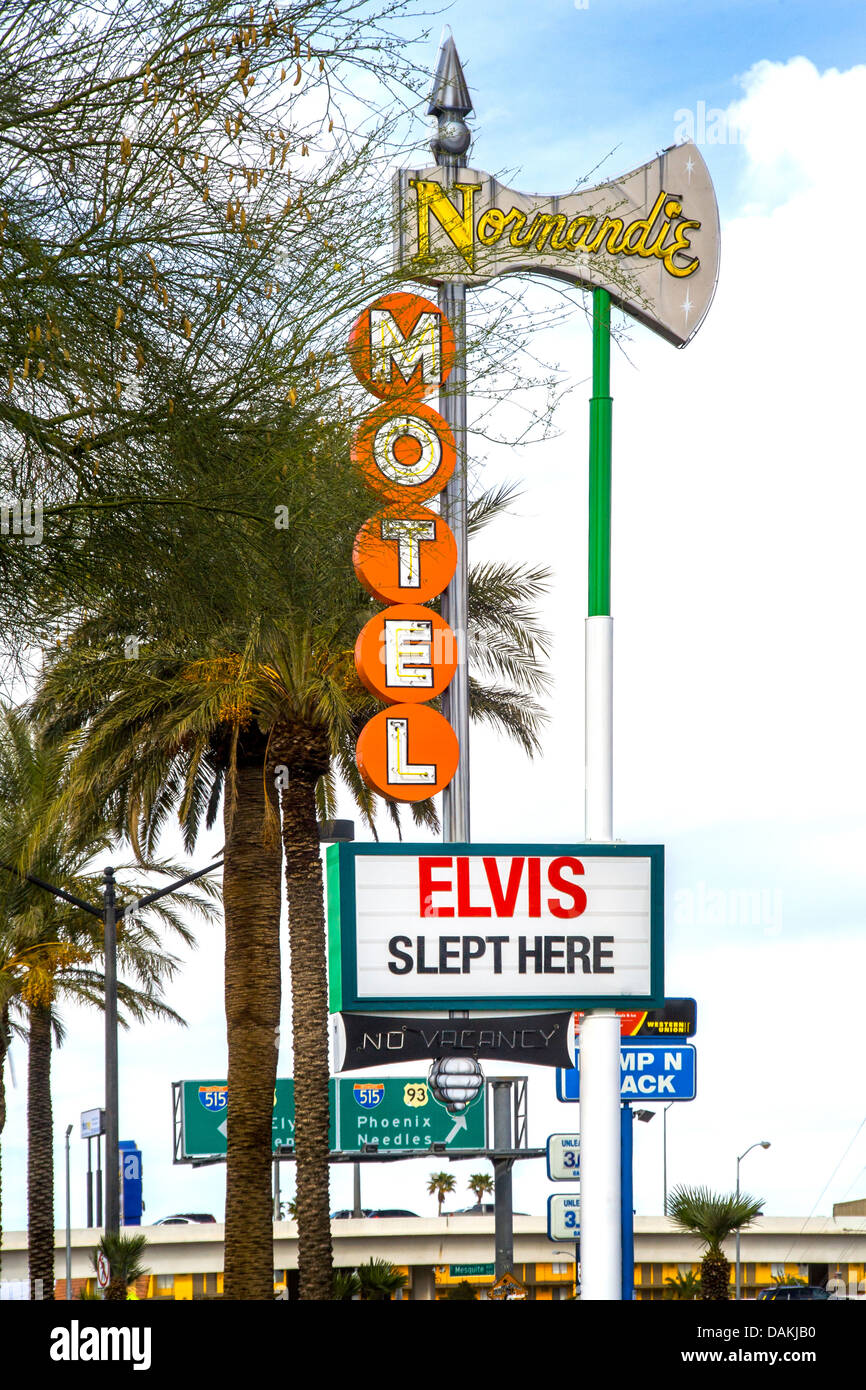 The sign of the long-defunct Normandie Motel in Las Vegas, NV, is preserved  by the city's Neon Museum along with Elvis's name. Stock Photo