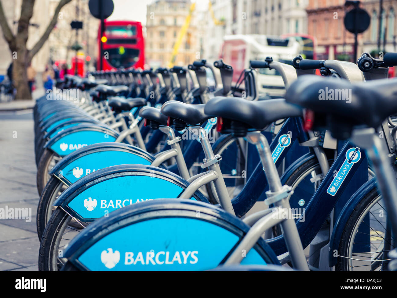 Row of bikes to rent in London Stock Photo