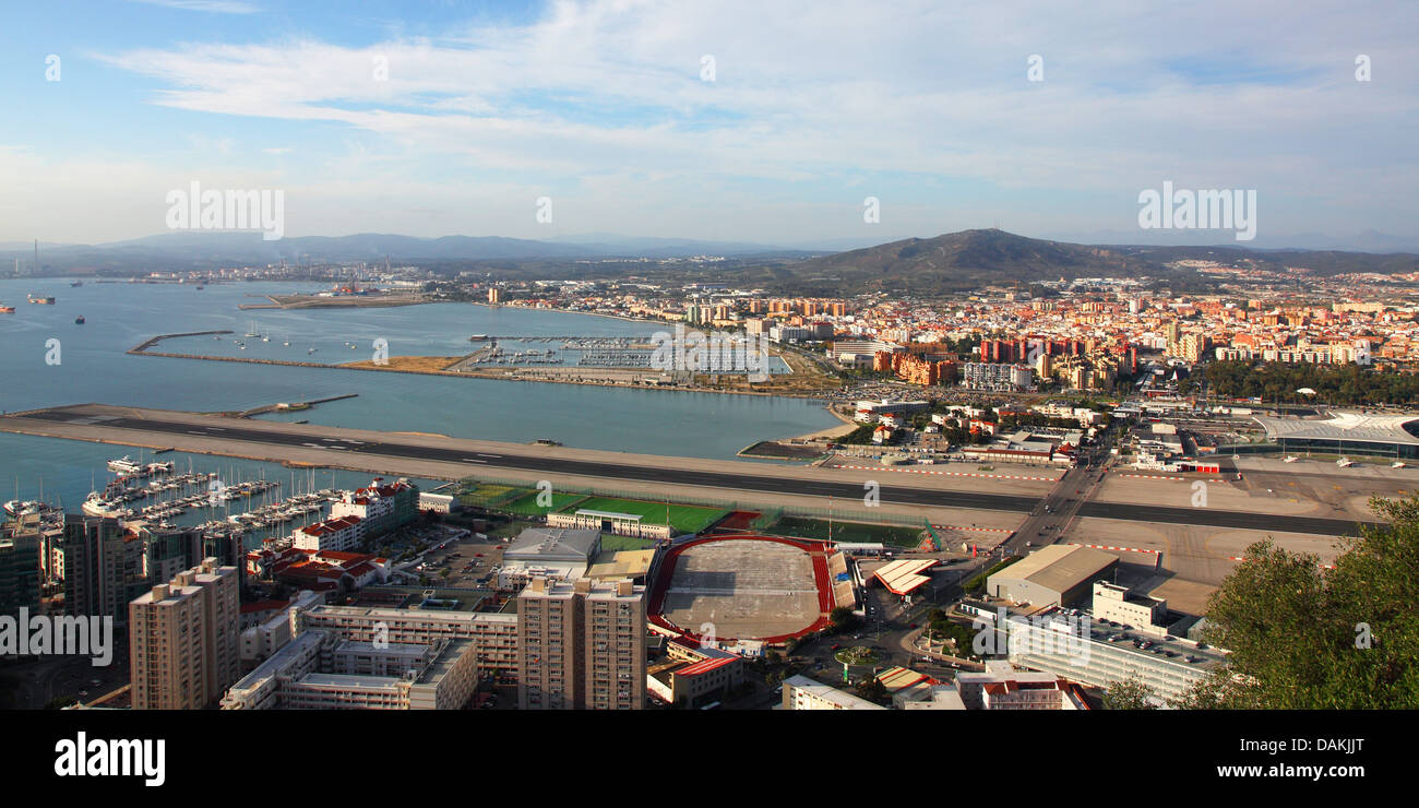 view to airstrip and La Linea, Gibraltar Stock Photo