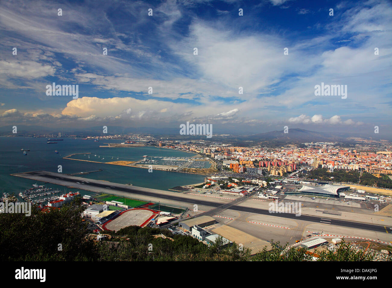 view to airstrip and La Linea, Gibraltar Stock Photo