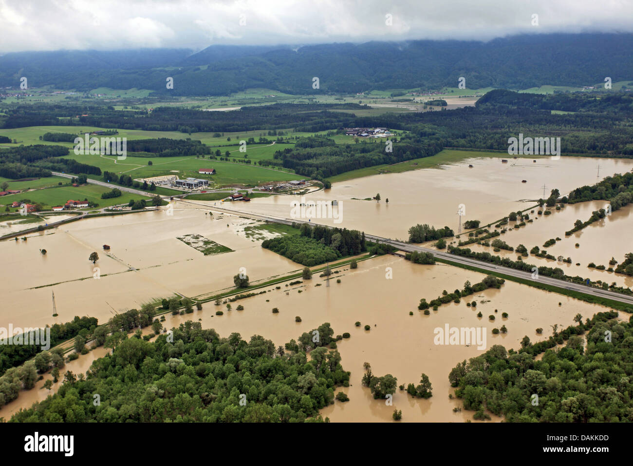 highway A8 at lake Chiemsee flooded bei river Tiroler Achen in June 2013, Germany, Bavaria Stock Photo