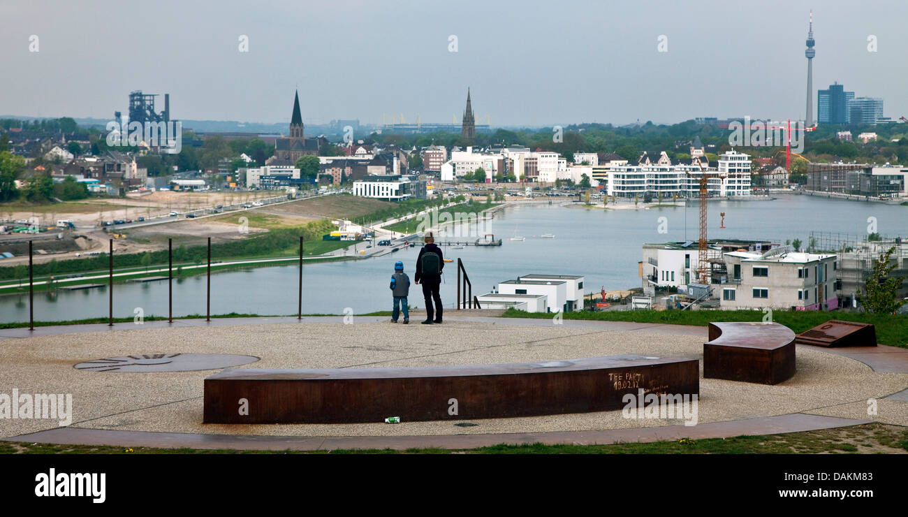 view to Phoenix Lake, Hoerde distrrict and Florian tower, Germany, North Rhine-Westphalia, Ruhr Area, Dortmund Stock Photo