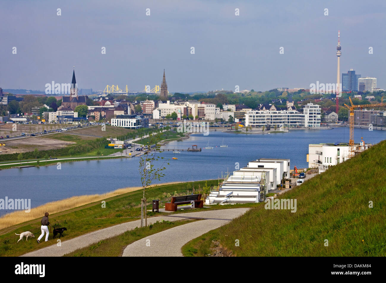 Phoenix Lake, Hoerde district, BVB football stadium and Florian tower in background , Germany, North Rhine-Westphalia, Ruhr Area, Dortmund Stock Photo