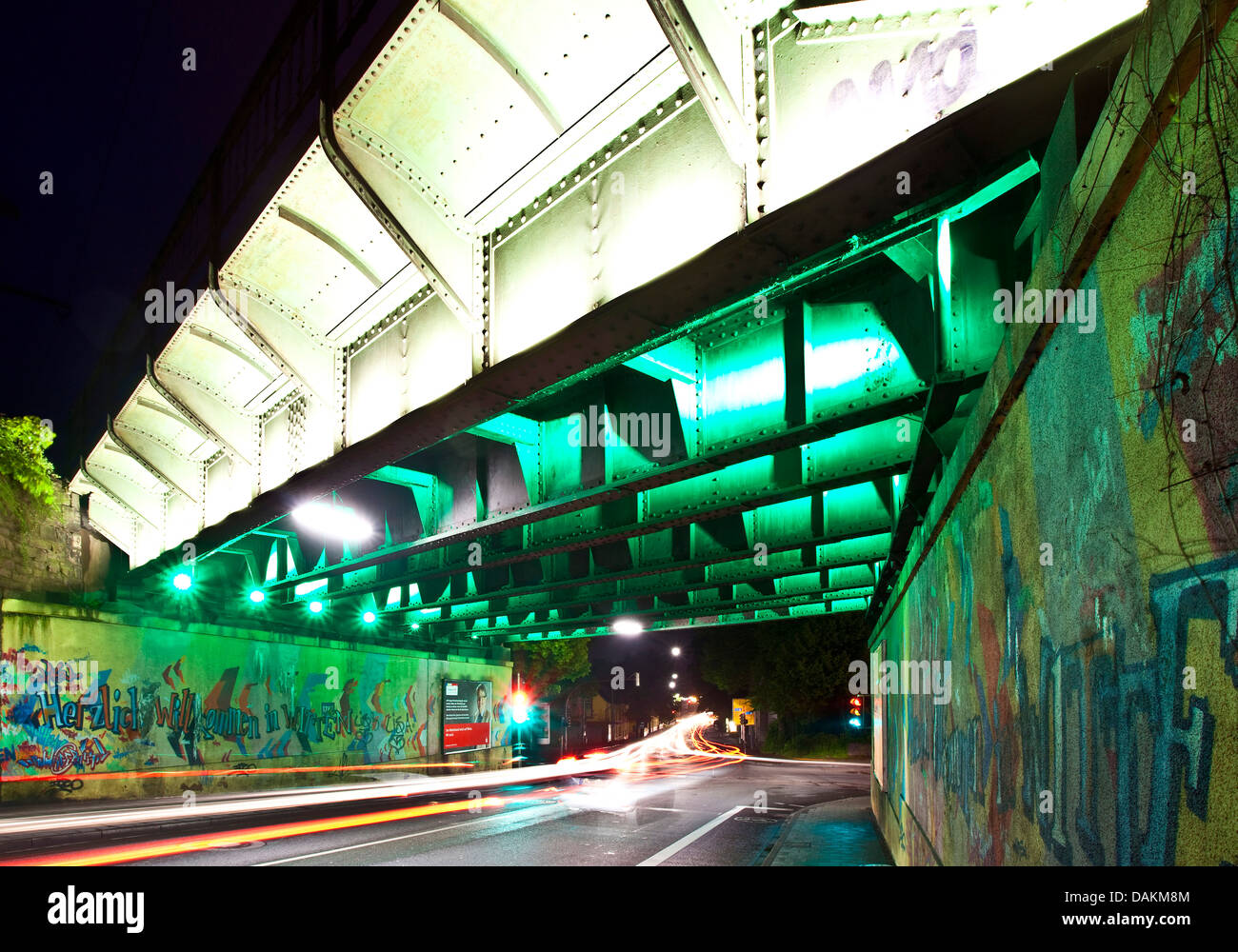 illuminated railway bridge at night, Germany, North Rhine-Westphalia, Ruhr Area, Witten Stock Photo