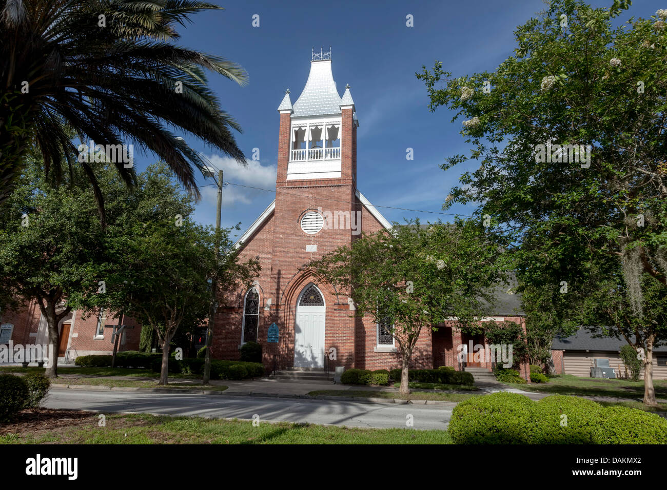 Main red brick facade of the historic United Methodist Church Fellowship Hall in Gainesville, Florida. Stock Photo