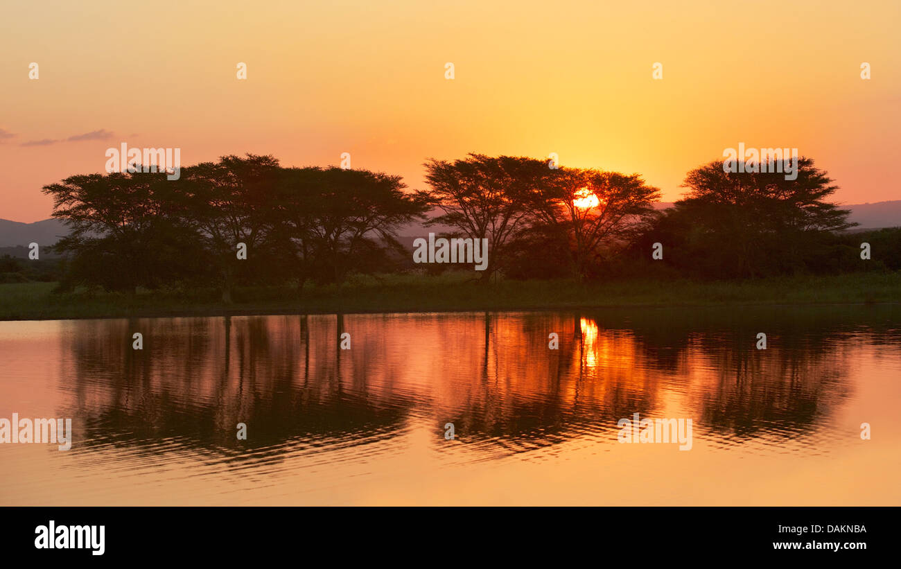 Sunset at Nsumo Pan, uMkhuze KZN Park, KwaZulu-Natal, South Africa. Stock Photo