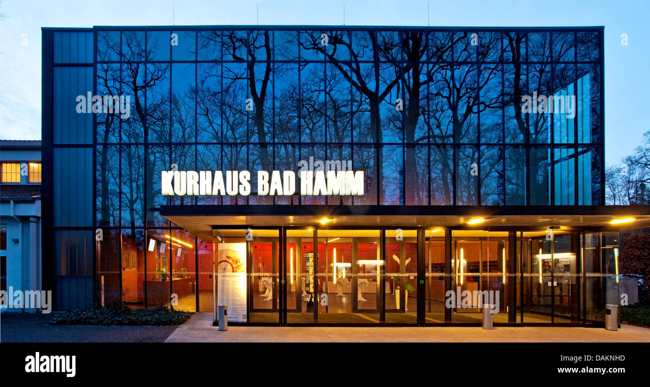 the modern new construction of the Kurhaussaal (also called Theatersaal) at dusk, Germany, North Rhine-Westphalia, Ruhr Area, Hamm Stock Photo