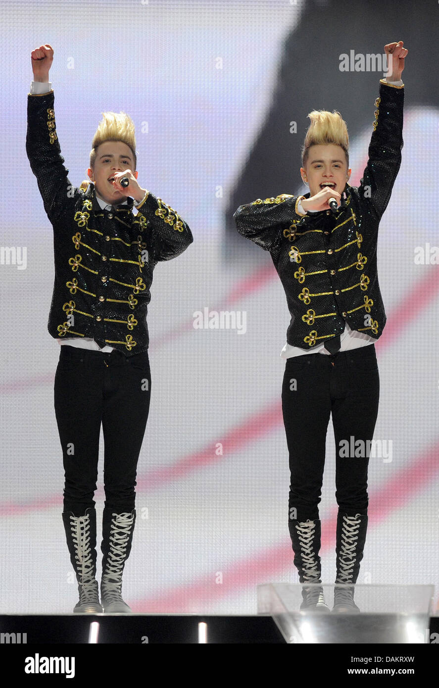 Jedward representing Ireland perform during the first rehearsal for the second Semi-Final of the Eurovision Song Contest in Duesseldorf, Germany, 04 May 2011. The Final of the 56th Eurovision Song Contest takes place on 14 May 2011. Photo: Joerg Carstensen Stock Photo